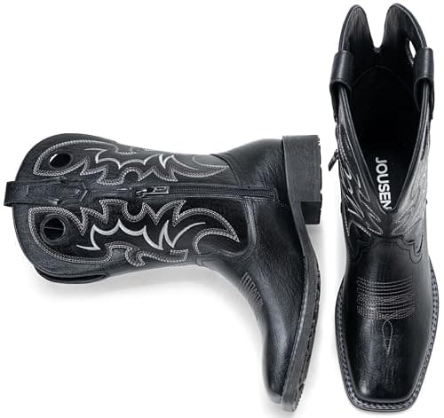 Jousen Cowboy Boots for Men, Retro Square Toe Western Boots with Embroidery, Durable Slip-Resistant Pull-On Boot with Holes (AMY8424-black-08) - Thumbnail 4