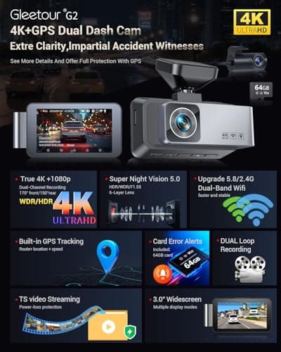 Gleetour Dash Cam Front and Rear, 4K HDR Dash Camera for Cars, 3" IPS Screen Dash Cam Built-in GPS with 5.8G WiFi UHD Night Vision Free 64G Card, Parking Monitor, G-Sensor - Thumbnail 2