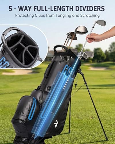 Waterproof Golf Stand Bag, All-Weather Lightweight Carry Bag with Reflective Safety Strips, 5-Way Top Divider, Rain Hood, 6 Pockets, Black - Thumbnail 4