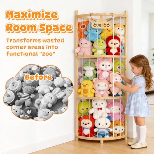 Wooden Stuffed Animal Storage Corner Organizer with Stability Strap, Space-Saving 1/4 Circular Plushie Holder for 30+ Plushies,Stuffed Animal Zoo Tower for Livingroom Organizer and Storage - Thumbnail 2