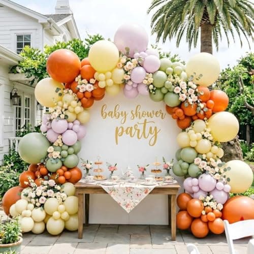 Double Stuffed Sage Green Orange Yellow Balloon Arch Garland Kit - Image 1