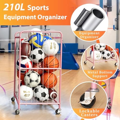 Olldide 210L 43-Inch Large Ball Storage Basket with Wheels, Rolling Cart Sports Equipment Garage Organizer with Elastic Rope for Easy Access, Holder For Basketball, Soccer, Volleyball, Football - Thumbnail 3