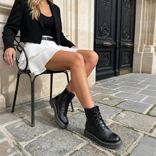 Athlefit Women's Lace-Up Combat Boots Fashion Casual Low Platform Lug Sole Ankle Booties with Side Zipper for Daily Wear,Black Smooth,Size 6,AD01863 - Thumbnail 3