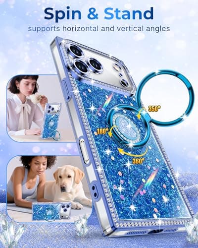 XYZ for iPhone 17 Pro Max Case, Glitter Bling Phone Cover with 2-Ring Heart Stand & Lanyard, Women Girls Luxury Rhinestone Shockproof Protective Case for iPhone 17 Pro Max, Blue - Thumbnail 3