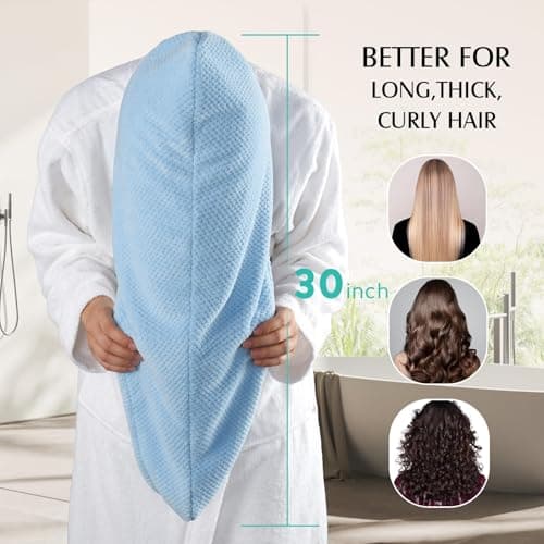 YFONG 3 Pack Large Microfiber Hair Towel Wrap, 30" x 10" Thicker Anti Frizz Quick Dry Hair Towels for Women Long, Curly, Thick Hair, Super Absorbent Hair Turban for Wet Hair (Grey, Pink, Blue) - Thumbnail 4