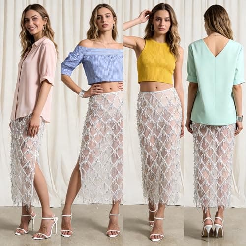 AXX Women's Sequin Fringe Midi Skirt - Sheer Mesh Sparkly Tassel Skirt with Side Slit, Elastic Waist Glitter Party Club (US, Alpha, Small, Regular, Regular, White) - Thumbnail 2