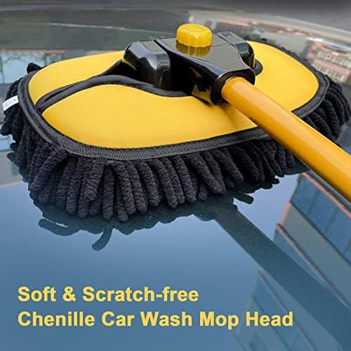YeewayVeh Car Wash Brush with Long Handle, Microfiber Car Wash Mop with Replaceable Chenille Brush Head, Soft Cleaning Brush with 15° Curved Extension Pole Car Wash Kit for RV Truck Camper, Yellow - Thumbnail 2