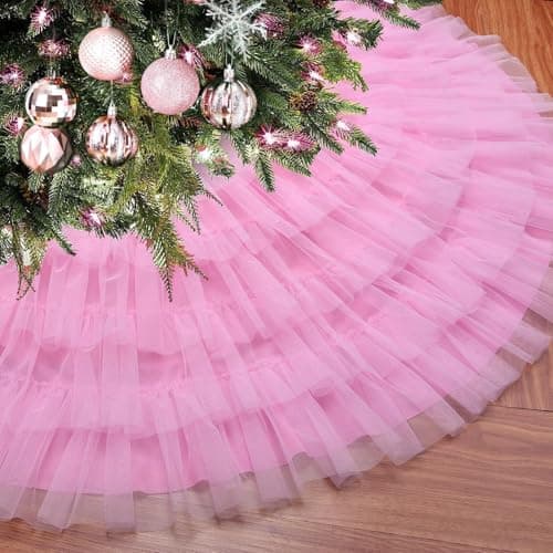 Ivarunner Pastel Pink Tulle Valentine's Day Tree Skirt 48 Inch, Large Ruffle Christmas Tree Skirt for 7.5 FT Trees, 6-Layer Elegant Wedding Baby Shower Tree Mat, Pink Coquette Preppy Room Decorations - Thumbnail 5