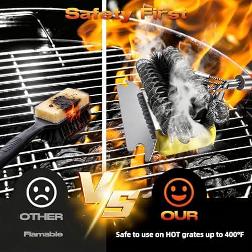 YEBLEM 3-in-1 Grill Brush and Scraper with 2 Sponges, 18" Heavy Duty Stainless Steel Bristle BBQ Cleaner, Heat Resistant Barbecue Grilling Tool, Ideal Outdoor Gift for Men & Dad (Orange) - Thumbnail 4