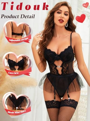 Tidouk Women's lingerie Sets Sexy Lace Lingerie Bodysuit with Detachable Mesh Mini Skirt Garter Lingerie Set（Black,Medium - Thumbnail 3