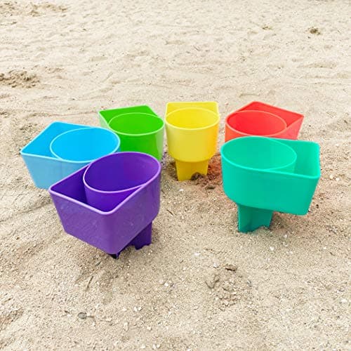Home Queen Beach Cup Holder with Pocket, Multifunctional Sand Cup Holder for Beverage Phone Sunglass Key, Beach Accessory Drink Sand Coaster, Set of 6 (Blue, Teal, Purple, Green, Orange and Yellow) - Thumbnail 4