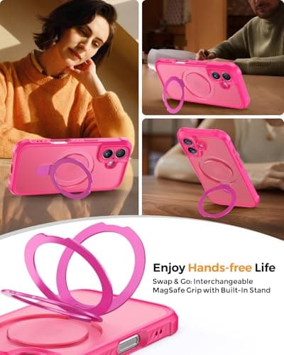 MOCCA Design for iPhone 16 Case with Magnetic Invisible Stand [Full Camera Protection] [Compatible with Magsafe] Military Drop Shockproof Translucent Matte Phone Case Cover 6.1",Hot Pink - Thumbnail 4