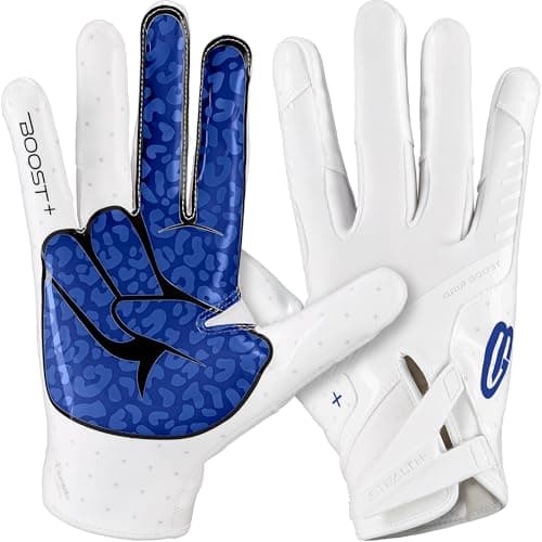 Grip Boost Football Gloves - Peace Stealth 6.0 Boost Plus Sticky Technology - Adult and Youth Football Gloves for Wide Receiver - Men's and Boys Sizes (White/Royal Blue, Youth Large)