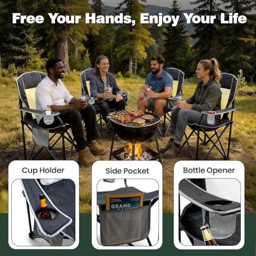 SUNNYFEEL Camping Chairs for Adults, Oversized Camping Chair Heavy Duty 500LBS, Portable Lawn Chair with Cup Holder, Side Pocket&Bag for Outdoor Camping/Beach/Picnic/Fishing, Grey - Thumbnail 5