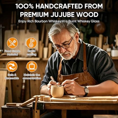 Upgraded Charred Wooden Bourbon Glasses, 2 Pack 10oz Wooden Whiskey Glasses, Unique Inner & Outer Charred Craftsmanship, Equipped with Stainless Ice Balls & Tongs, Premium Gift for Whiskey Lovers - Thumbnail 3