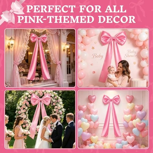 Large Pink Bow Decorations 24 x 87 Inch Giant Pink Bows with Rope and Double-Sided Tape for Wedding Bridal Shower Birthday Valentine's Day Bachelorette Coquette Room Wall Decoration (47 INCH Pink Bow) - Thumbnail 4