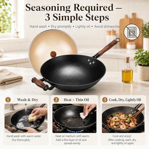 WANGYUANJI 12.6 Inch Round Bottom Cast Iron Wok with Glass Lid, Chinese Stir Fry Pan for Gas Stove & Open Flame, Uncoated Clay-Mold Texture, Wok Ring Required, Seasoning Needed - Thumbnail 6