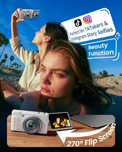 True 5K Digital Camera for Photography, Autofocus 80MP with 18X Digital Zoom 3" 270° Flip Screen Dual-Lens Selfie Camera for YouTube Vlogging & Content Creation, 2 Batteries, 32GB Card & Flash,White - Thumbnail 3