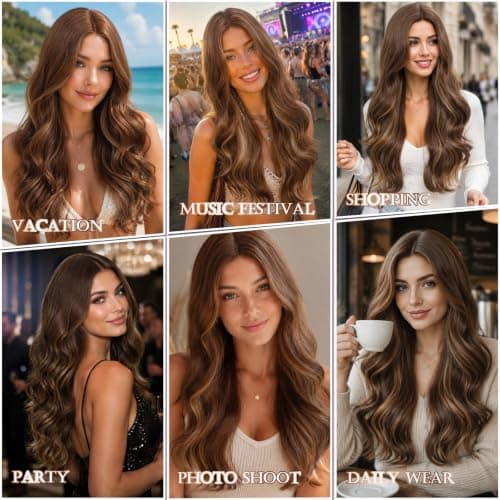 Barbique Highlight Brown 24 Inch Long Wavy Wig for Women, Synthetic Body Wave Lace Wig, Middle Part Natural Hairline Glueless Wig for Daily Wear - Thumbnail 6