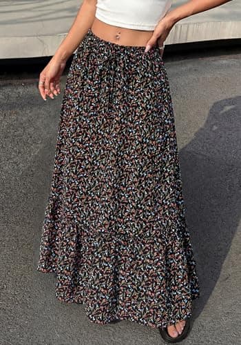 BTFBM Womens Boho Maxi Skirt 2026 Summer Floral High Waisted Flowy Tiered Long Spring Beach Vacation Skirts Pockets(Floral Black Red, XX-Large) - Thumbnail 2