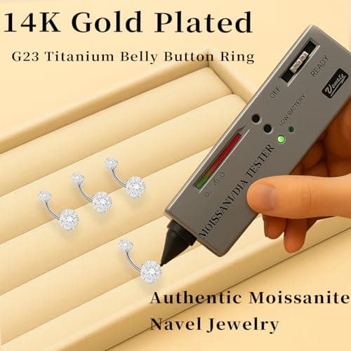 hooppoo Sparkling Moissanite Belly Button Ring, 14G G23 Surgical Grade Titanium with 14K Gold Plated | Internally Threaded & Hypoallergenic for Sensitive Skin | Unisex Body Jewelry (Silver) - Thumbnail 5