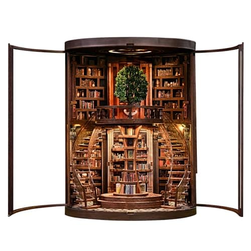 Havefunfun Wisdom Tree Library Book Nook Kit, DIY 3D Wooden Puzzle with Rotating Staircase, LED Light & Dust Cover, Premium Solid Wood Bookend, Vintage Decor, Creative Gift for Adults & Book Lovers