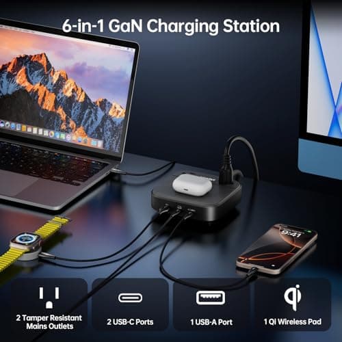 Teleadapt GaN Multi Charging Station 67W, 6 in 1 iphone Charger Station with USB Ports, 2AC Outlets, 1 USB A & 2 USB C Ports, Desktop Nightstand Power Station for iPhone14/13/12/Samsung/Android, Black - Thumbnail 2