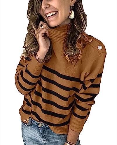 KIRUNDO Fall Sweaters for Women 2026 Striped Turtleneck Ribbed Knit Sweater Trendy Pullover Jumper Winter Fashion Clothing(X-Large, Khaki) - Image 1