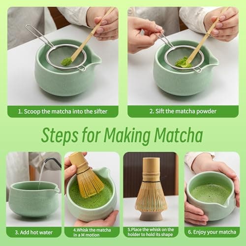 TEANAGOO Matcha Whisk Set Green,7 Pcs Matcha Set,Matcha Starter Kit for Ceremony,Matcha Tea Set for Making Breakfast/Latte,Green Matcha Bowl(Chawan) whith Spout and Whisk,Gift for Friend/Family - Thumbnail 5