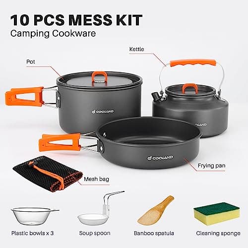 Odoland 10pcs Camping Cookware Camping Pots and Pans Set with Kettle Plastic Bowls and Soup Spoon for Camping, Backpacking, Outdoor Cooking and Picnic - Thumbnail 3