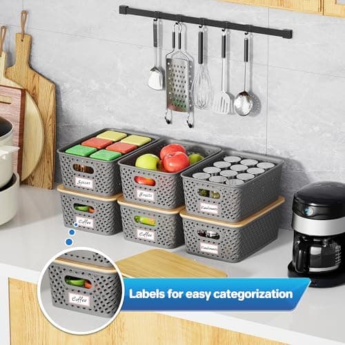 Anysig 8 Packs Plastic Storage Bins with Bamboo Lids - Stackable Storage Bins Decorative Small Basket Containers for Organizing Shelves Office Classroom Desktop Closet, Grey - Thumbnail 5