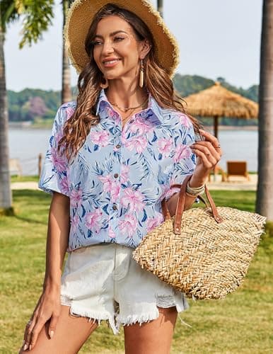 LILYCHIC Womens Short Sleeve Hawaiian Shirts Button Down Casual Floral Tropical Summer Beach Hawaiian Blouses Tops Purple M - Thumbnail 4