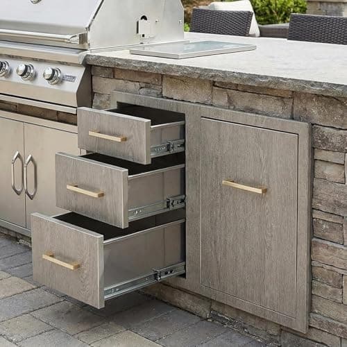 GarveeTech Stainless Steel Outdoor Kitchen Drawer Combo with Access Door, Wood Grain Film, 29.5" W x 22.6" H x 21.7" D, BBQ Island Drawer, Propane Storage, Adjustable Garbage Ring, Flush Mount - Image 1