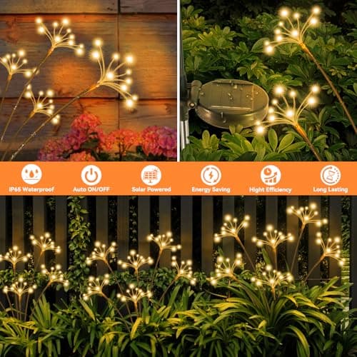 Solar Garden Lights 2 Pack Waterproof Solar Swaying Starburst Light Outdoor Lights for Yard Patio Walkway Pathway Party Wedding Christmas Decoration, Warm White - Thumbnail 5