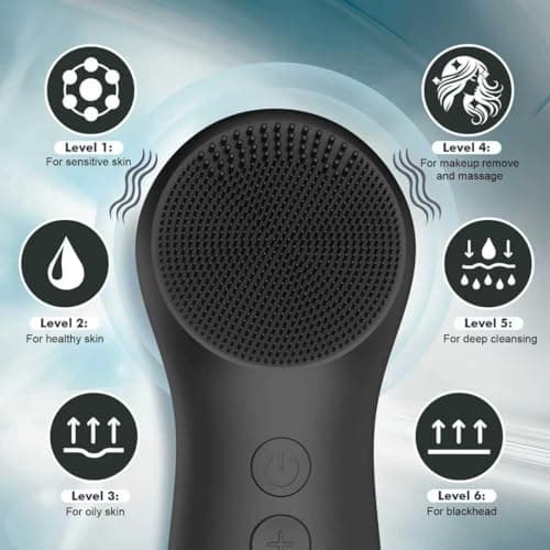 LZP Silicone Face Scrubber, Electric Facial Cleansing Brush with 6 Speeds Vibration Technology, Rechargeable & Waterproof Exfoliating Scrub Brush for Cleansing and Massaging, Men Women - Thumbnail 3