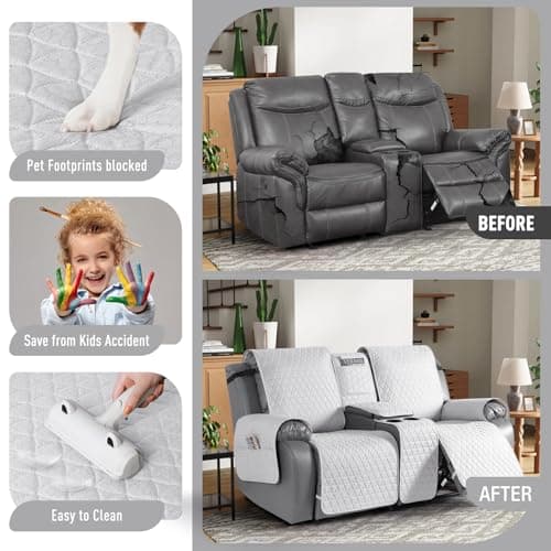 TAOCOCO 100% Waterproof Loveseat Recliner Covers with Console, Non Slip Recliner Covers that Stay in Place, Split Seat Design Washable Reclining Loveseat Cover with Elastic Straps, Off White - Thumbnail 2