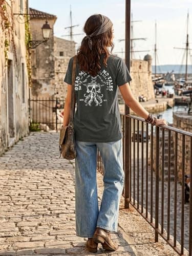 QIXYN Pirate Shirt Couple Matching Shirts Vintage Skeleton Shirt Skull Graphic Tee Family Vacation Short Sleeve Tops - Thumbnail 4
