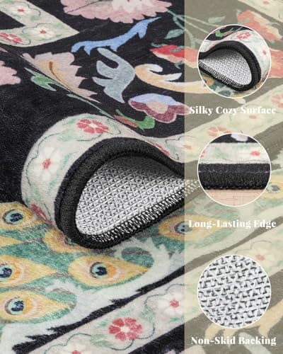 5x7 Black Washable Rug for Living Room - Foyer Rugs for Entryway, Bedroom, Home Office, Floral Indoor Décor - Thumbnail 6