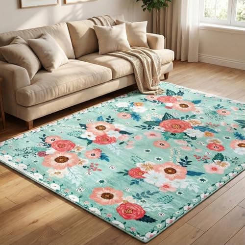 GRANNY SAYS Area Rugs 5'x7' Washable Non-Slip, Carpet for Living Room Bedroom Dining Room, Machine Washable Carpet for Bedroom, Large Rug, Throw Rugs, Vintage Aqua Floral Carpets - Image 1