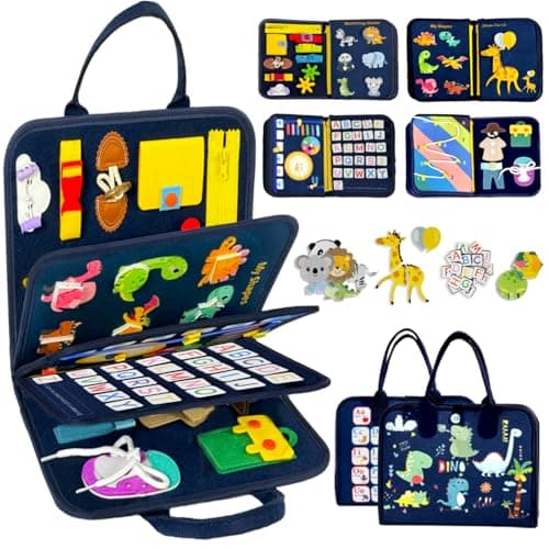 Qizfun Toddler Busy Board Montessori Toys – Sensory Busy Book, Educational Learning Travel Toy for Airplane & Car, Keeps Toddlers Entertained, Birthday Gifts for Toddler Boys Girls (Blue/P8) - Image 1