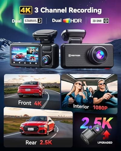 REDTIGER F17 Elite 4K Dash Cam 3 Channel, STARVIS 2 IMX678 & IMX675, 128GB Card, Full Night Color, 4K+2.5K+1080P Front and Rear Inside, Voice Control, 5GHz WiFi-30MB/s Download, GPS, HDR, Parking Mode - Thumbnail 2