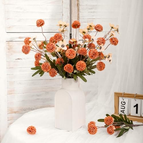 LILUYTO Faux Flowers for Vase,8 pcs Artificial Pom Pom Chrysanthemum Flowers with Wild Flowers,Spring Floral Stems Arrangements for Home Decor, Centerpieces for Tables, Rustic Decorations - Thumbnail 4