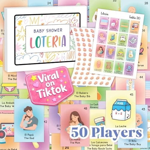 WOODAMORE Baby Shower Games for Girls and Boys - Baby Shower Loteria Bilingual Activities for Kids Ideas, Funny Party Bingo Game Loteria Cards in Spanish and English for 50 Players - Image 1