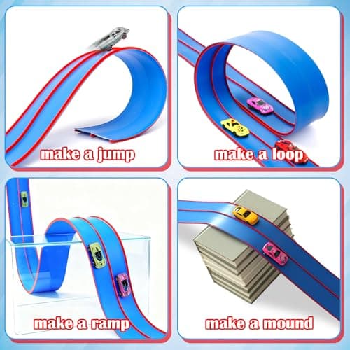 Flexible Race Track Toys for Kids, 15 Ft Flex Tracks Starter Set with Strong Suction Cups - Compatible with Hot Wheels and Diecast 1/64th Cars, Rolls up Portable Race Car Ramp Track (Red Blue) - Thumbnail 3