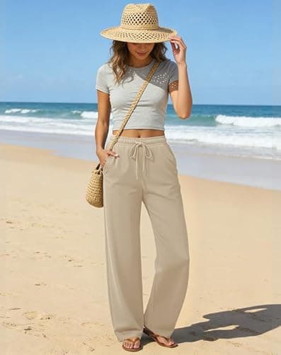 keriffe Womens Summer Casual Pants High Waisted Drawstring Beach Vacation Trousers with Pockets Khaki - Thumbnail 4