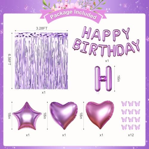 Purple Birthday Decorations for Women Girls, Metallic Dark Dusty Purple White Purple Foil Confetti Balloons Happy birthday Banner Purple Butterfly Fringe Curtains Birthday Decorations - Thumbnail 2