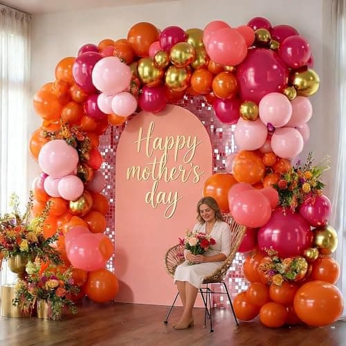 Pink Orange Balloon Garland, Double Stuffed Hot Pink Dark Magenta Balloon Arch Kit Metallic Gold Latex Balloons for Mother's Day Birthday Wedding Baby Shower Tropical Party Decorations - Thumbnail 2