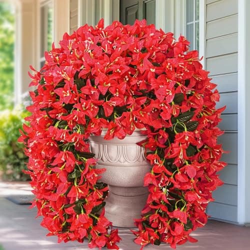 Siyaluens 8Pcs Artificial Flowers for Outdoors - Red Realistic Faux Silk Bougainvillea Flowers, Fake Hanging Plants for Porch Patio Balcony Decoration - Image 1
