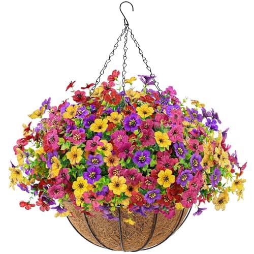 Der Rose Artificial Hanging Flowers Basket for Outdoors Fake Hanging Plants Spring Summer Decoration UV Resistant for Garden Front Porch Patio Balcony Decor - Image 1