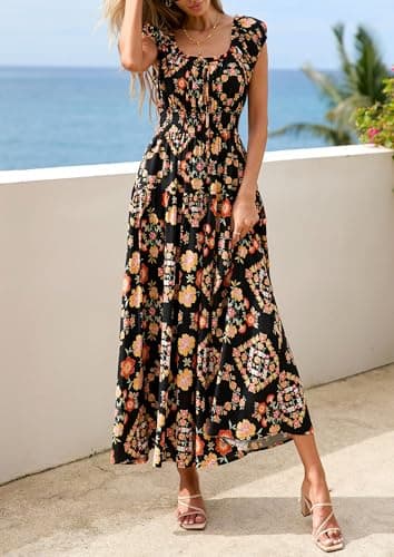PRETTYGARDEN Boho Maxi Dresses for Women 2026 Summer Floral Wedding Guest Dress Resort Wear Spring Long Flowy Beach Sundress (Black Multicolored Floral,XX-Large) - Thumbnail 3